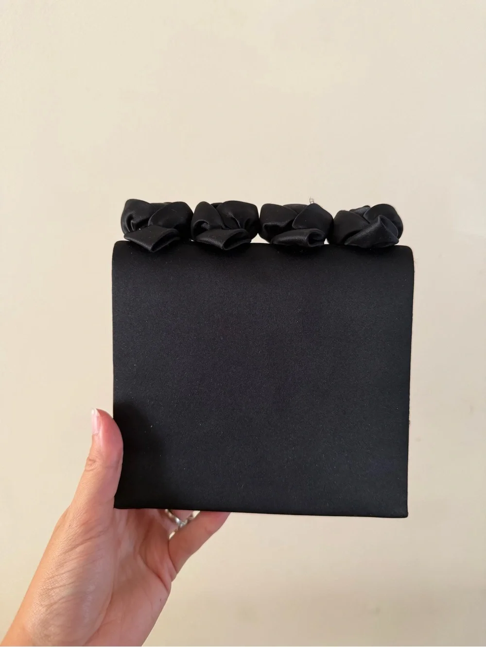 Elegant Black Satin Floral-Trim Evening Clutch